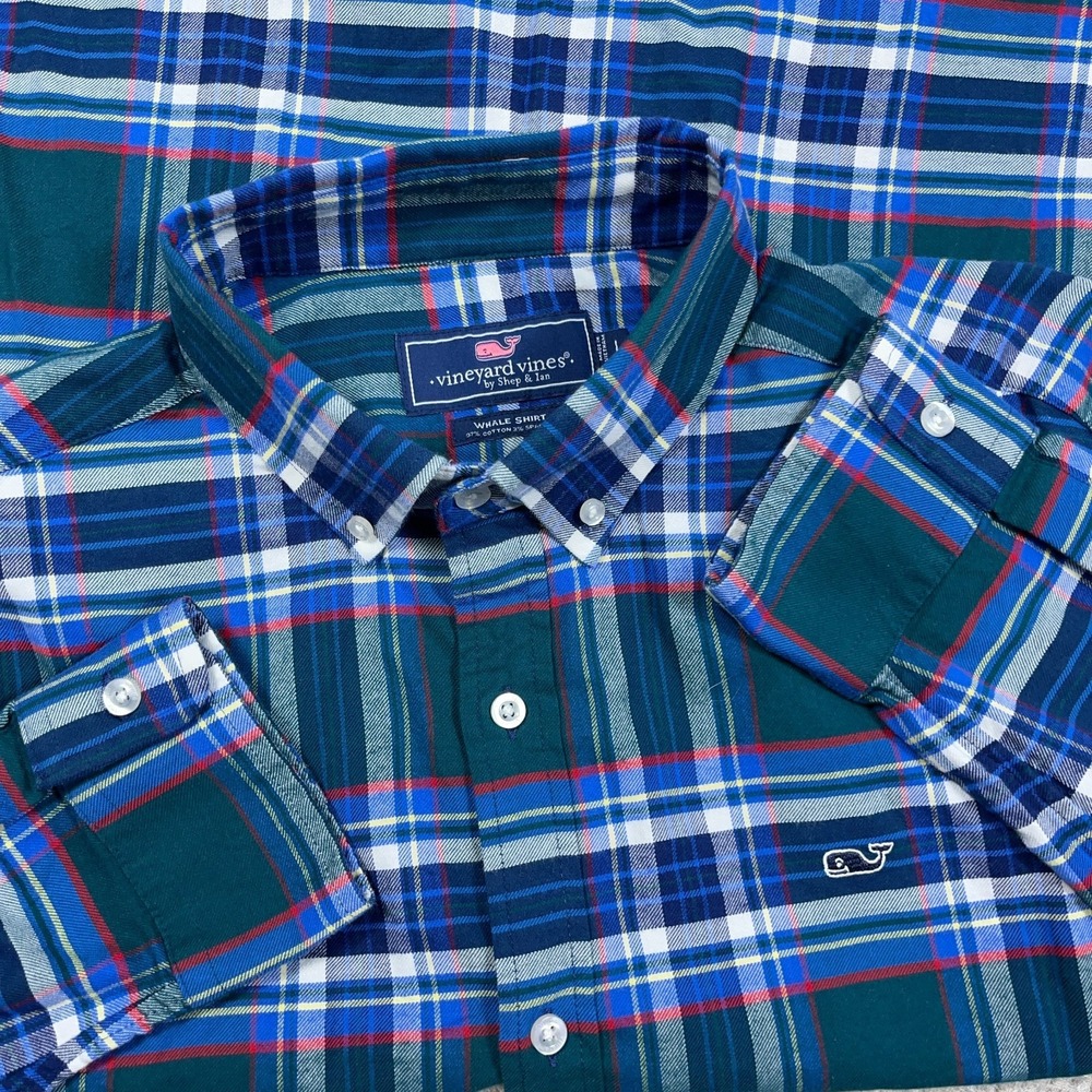 Vineyard Vines‎ Flannel Shirt Men Large Green Blue Plaid Button Up Whale Shirt